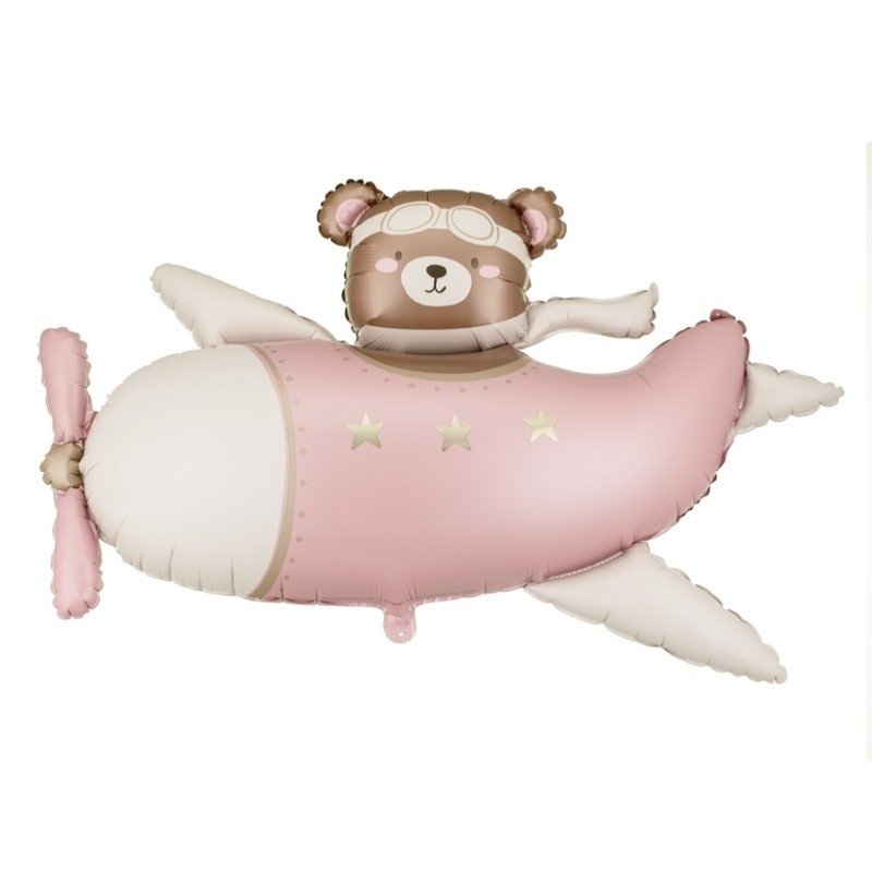 BALLON METALLIQUE OURSON DANS AVION ROSE CLAIR 94 X 61 CM