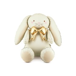 BALLON METALLIQUE LAPIN ASSIS CREME SATIN NOEUD OR GONFLAGE AIR 74 X 84 CM