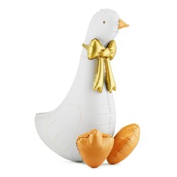 BALLON METALLIQUE OIE BLANCHE ASSISE NOEUD OR GONFLAGE AIR 72 X 91 CM