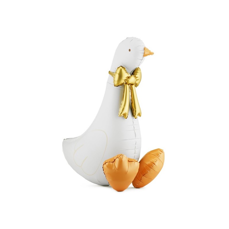 BALLON METALLIQUE OIE BLANCHE ASSISE NOEUD OR GONFLAGE AIR 72 X 91 CM