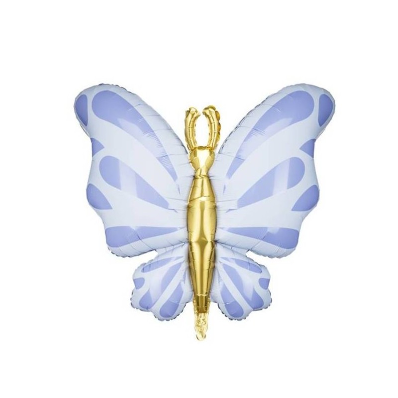 BALLON METALLIQUE PAPILLON BLEU PASTEL ET OR 69 X 69 CM 