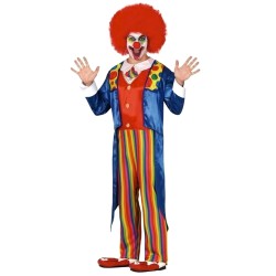 DEGUISEMENT HOMME CLOWN VESTE BLEU + POIS ET COMBINAISON ROUGE + RAYEE TAILLE S
