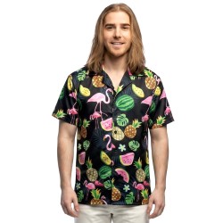 CHEMISE HAWAI FLAMANT ROSE ET ANANAS SUR FOND NOIR TAILLE M