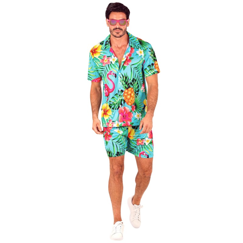 CHEMISE HAWAIENNE + SHORT FLEURS TROPICALES FLAMANT ROSE FOND BLEU TAILLE XXL