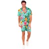 CHEMISE HAWAIENNE + SHORT FLEURS TROPICALES FLAMANT ROSE FOND BLEU TAILLE L-XL