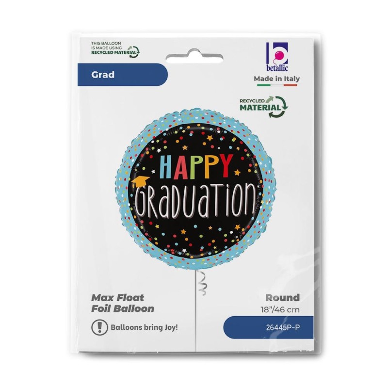 BALLON METALLIQUE ROND HAPPY GRADUATIONS COULEURS 46 CM 