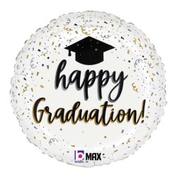 BALLON METALLIQUE ROND HAPPY GRADUATION NOIR ET BLANC 46 CM 