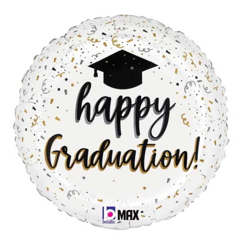 BALLON METALLIQUE ROND HAPPY GRADUATION NOIR ET BLANC 46 CM 