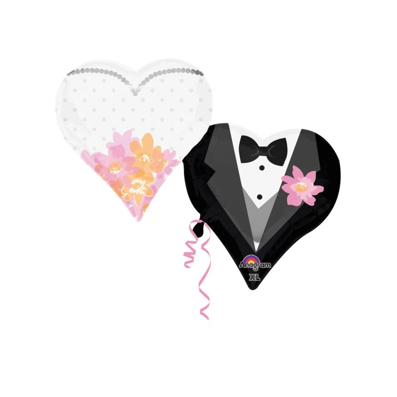 BALLON METALLIQUE 76 X 63 CM FORME DOUBLE COEUR WEDDING COUPLE 