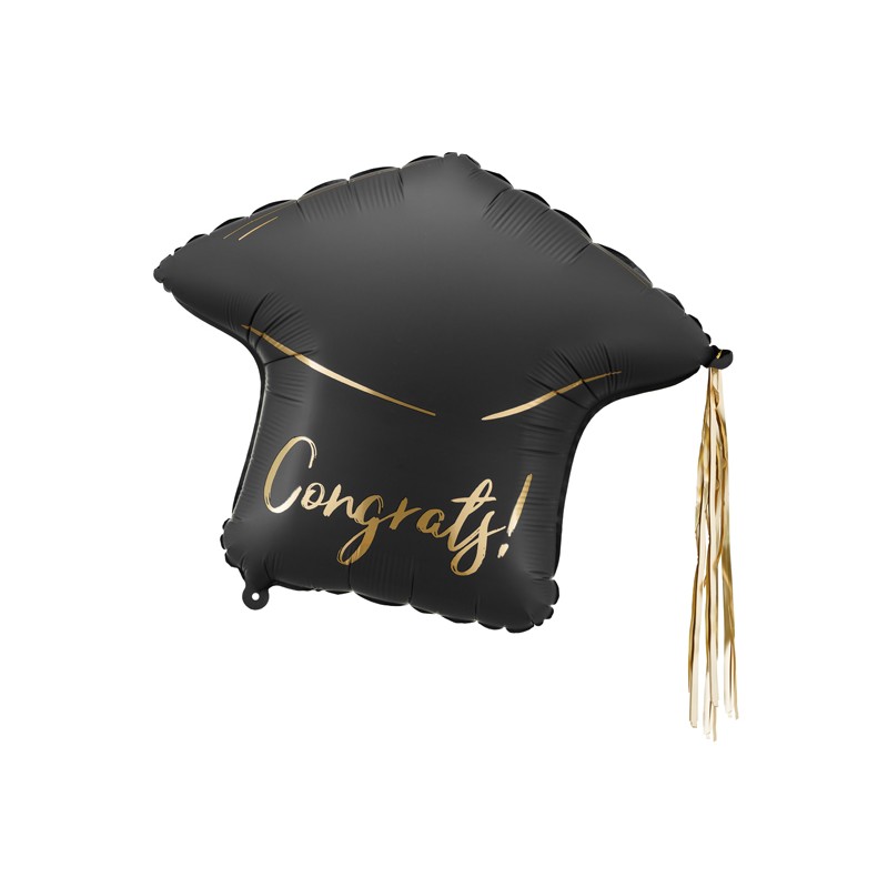 BALLON METALLIQUE CHAPEAU DE LAUREAT CONGRATS NOIR ET OR 53 X 44 CM