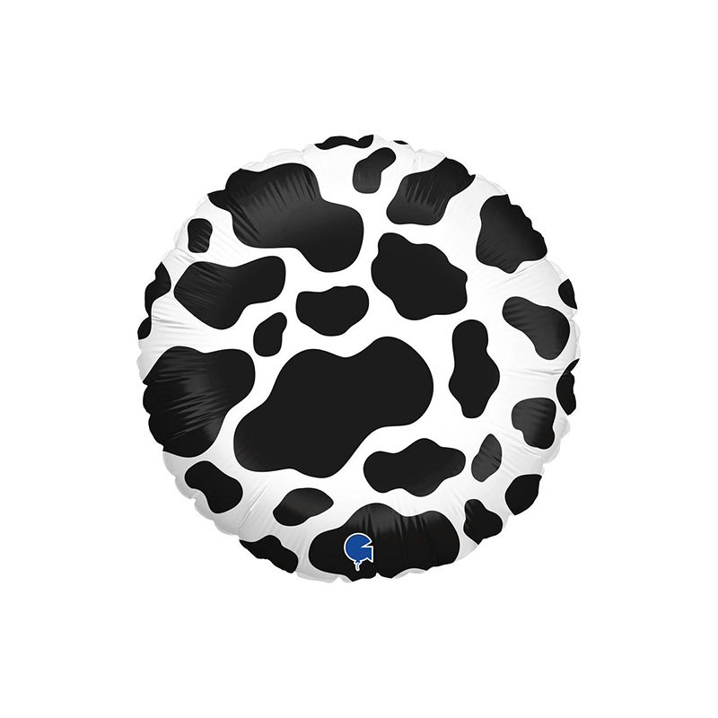 BALLON METALLIQUE ROND IMPRIME TACHES DE VACHE BLANC ET NOIR 46 CM 