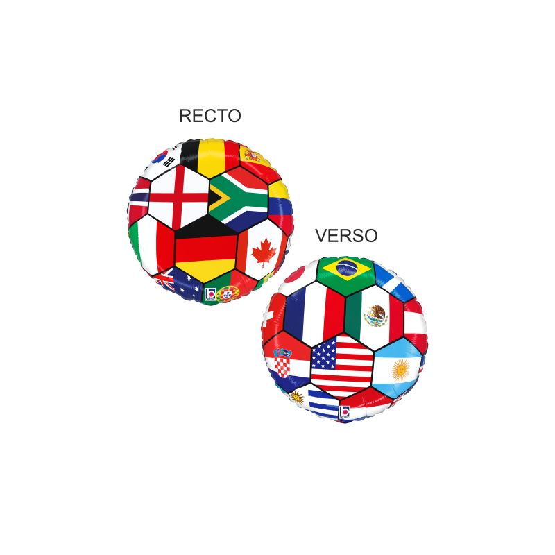 BALLON METALLIQUE ROND DRAPEAU MULTI PAYS COUPE DU MONDE 46 CM 