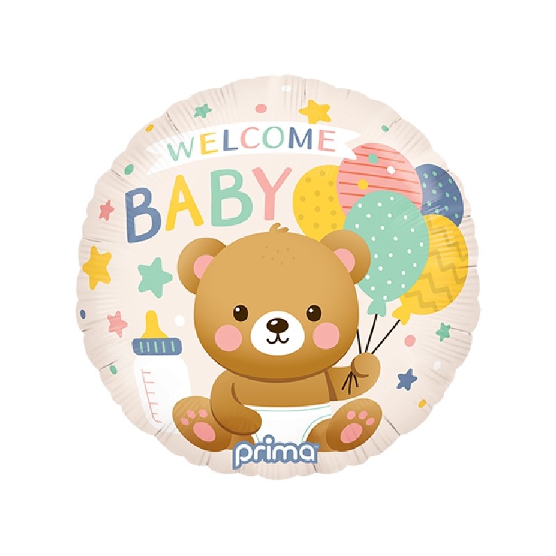 BALLON METALLIQUE ROND OURSON BRUN WELCOME BABY 46 CM 