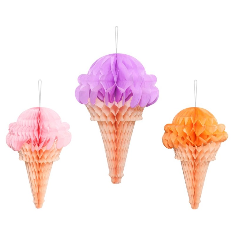 DECORATION 3 GLACES CONES PAPIER EVENTAIL DE 20 A 30 CM