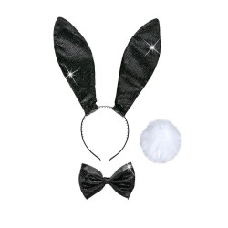 KIT LAPIN NOIR A STRASS ( SERRE-TETE OREILLE, QUEUE, NOEUD PAPILLON )