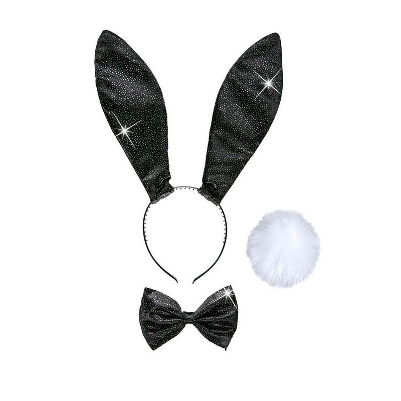 KIT LAPIN NOIR A STRASS ( SERRE-TETE OREILLE, QUEUE, NOEUD PAPILLON )