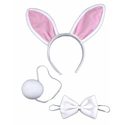KIT LAPIN BLANC ET ROSE ( SERRE-TETE OREILLE, QUEUE, NOEUD PAPILLON )