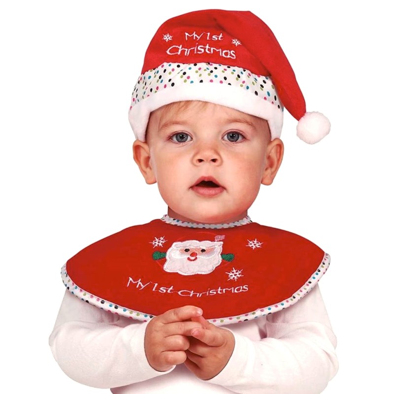 DEGUISEMENT BEBE BAVOIR + CHAPEAU OU BONNET PERE NOEL MY FIRST CHRISTMAS