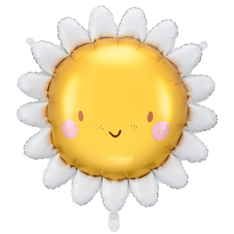 BALLON METALLIQUE FLEUR MARGUERITE JAUNE ET BLANCHE SMILEY 70 CM