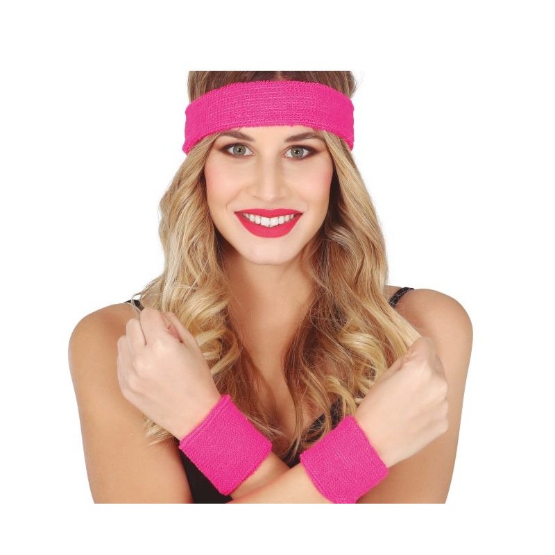 SET BANDEAU ET POIGNETS EPONGE ROSE FLUO