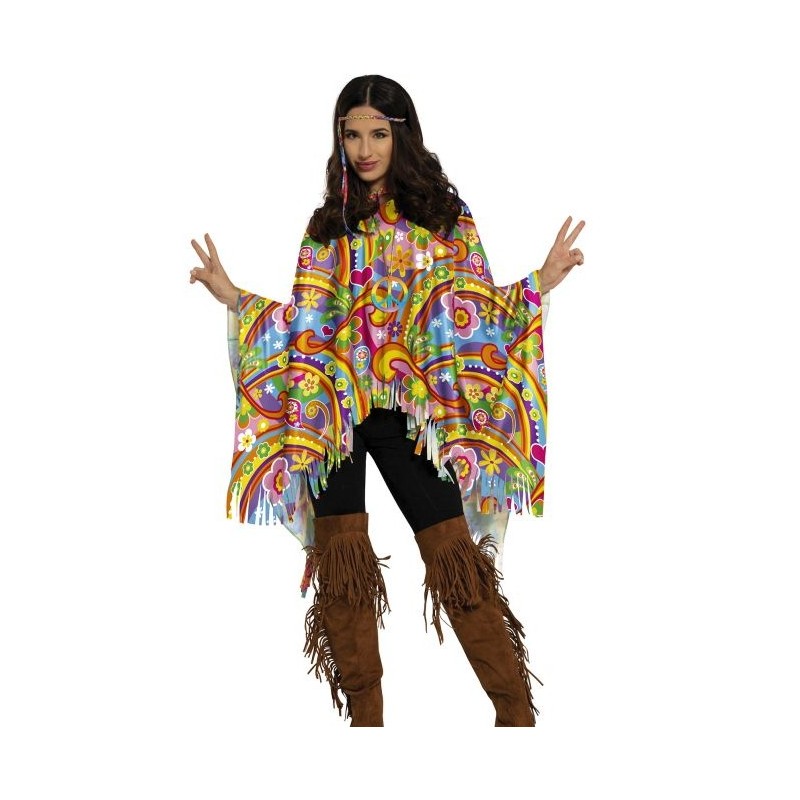 DEGUISEMENT PONCHO HIPPIE MULTICOLORE PEACE