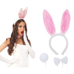 KIT LAPIN BLANC ET ROSE ( SERRE-TETE OREILLE, QUEUE, NOEUD PAPILLON )