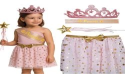 SET PRINCESSE COURONNE BAGUETTE TUTU A POIS ET ECHARPE ROSE ET OR