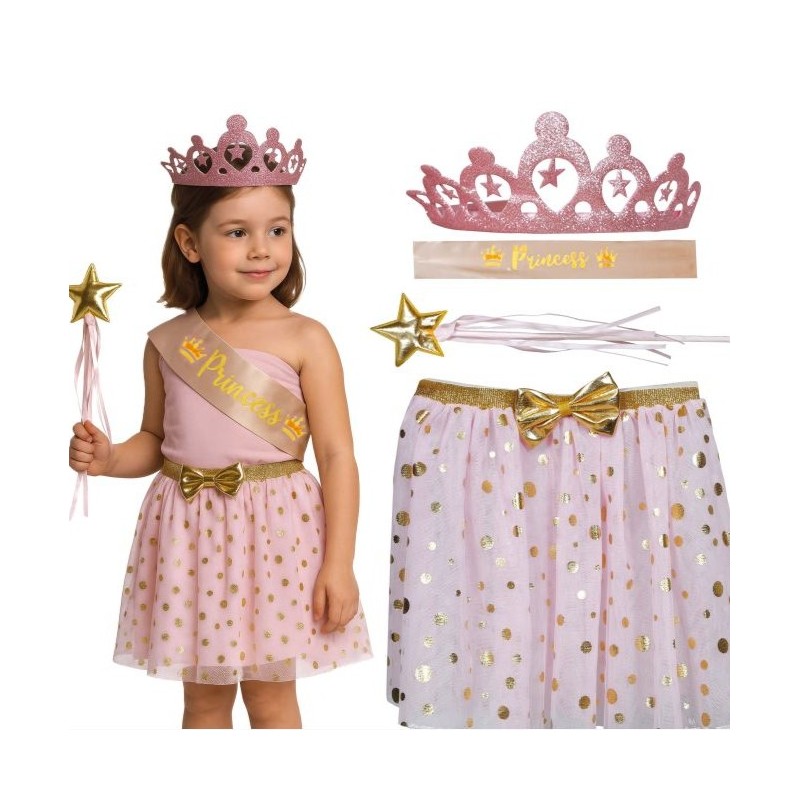 SET PRINCESSE COURONNE BAGUETTE TUTU A POIS ET ECHARPE ROSE ET OR