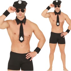 SET STRIPTEASER POLICIER NOIR CASQUETTE BOXEUR COL CRAVATTE ET 2 POIGNETS