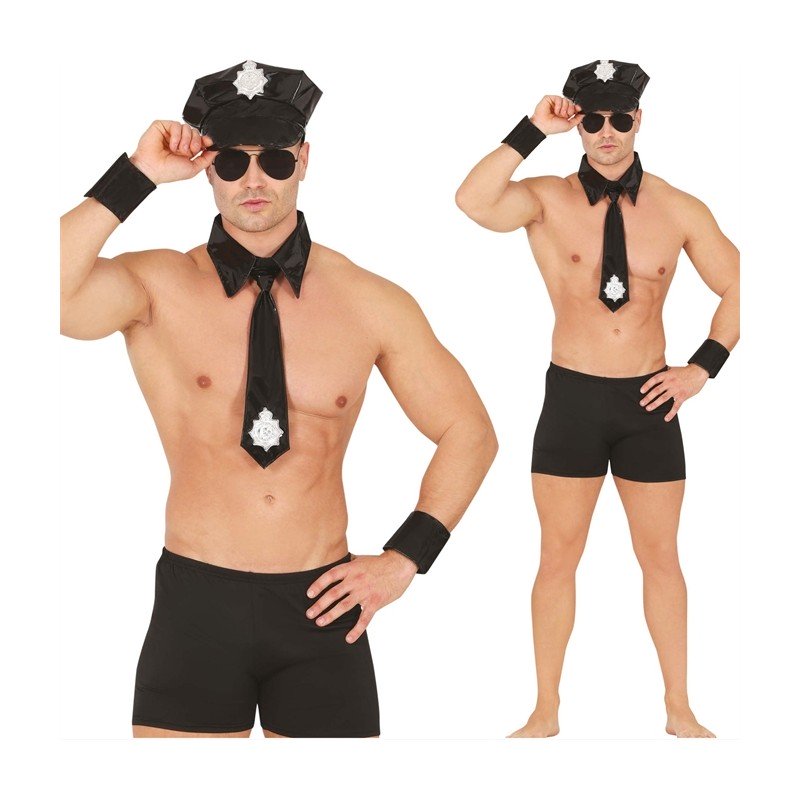 SET STRIPTEASER POLICIER NOIR CASQUETTE BOXEUR COL CRAVATTE ET 2 POIGNETS