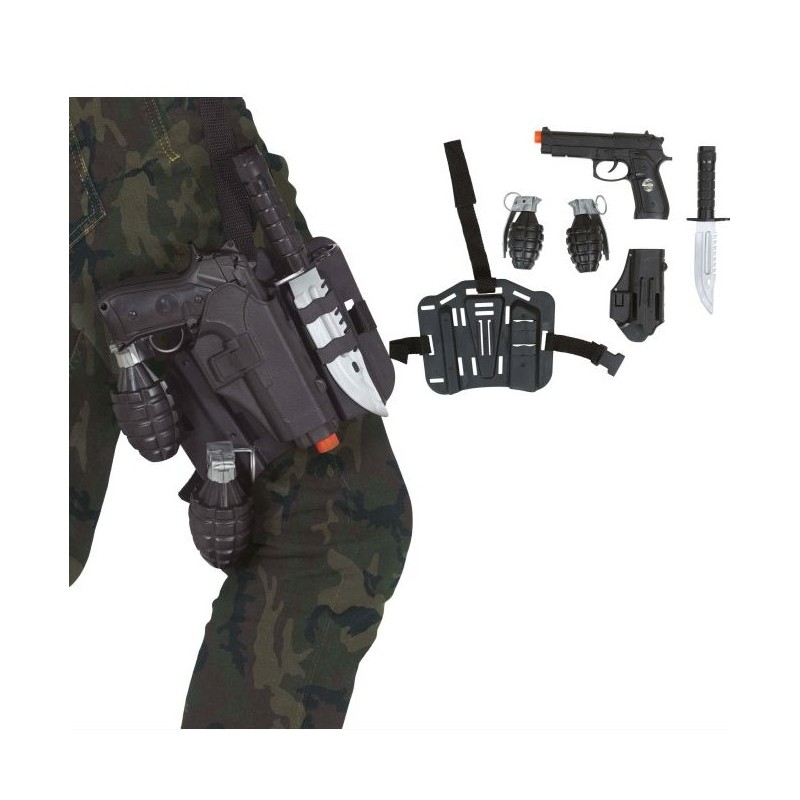 SET MILITAIRE HOLSTER DE JAMBE 2 GRENADES 1 PISTOLET 1 COUTEAU