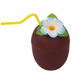 GOBELET NOIX DE COCO AVEC PAILLE ET FLEUR 16 CM