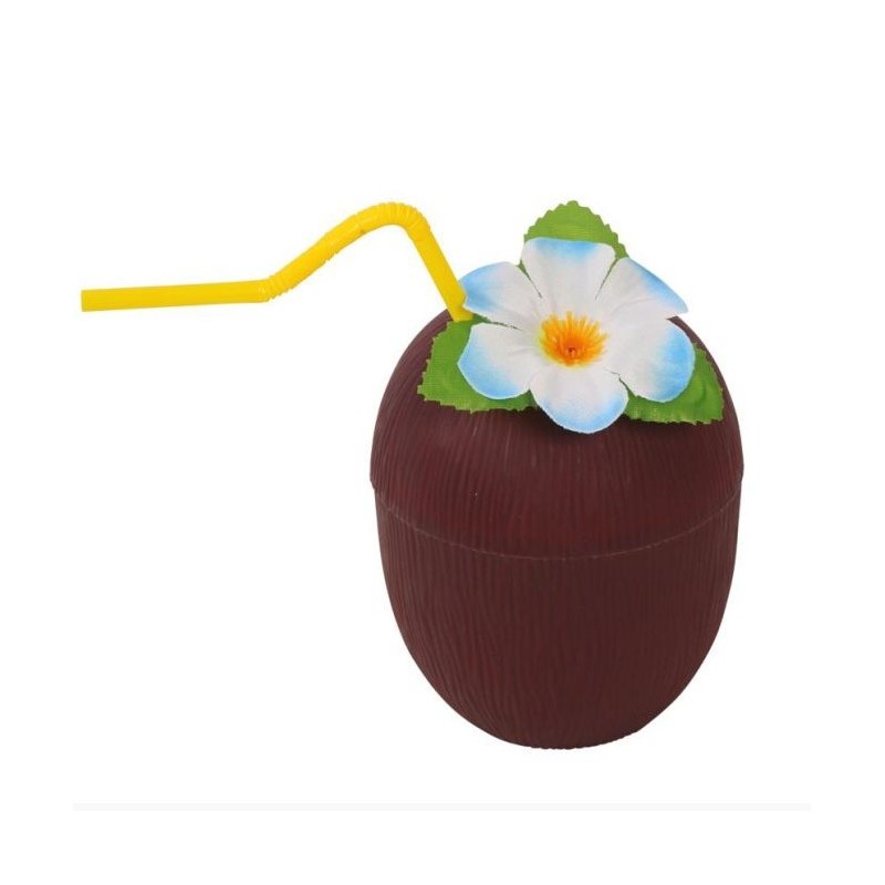 GOBELET NOIX DE COCO AVEC PAILLE ET FLEUR 16 CM