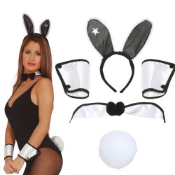SET LAPINE SEXY BUNNY NOIR ET BLANC OREILLES TOUR DE COU NOEUD PAP ET MANCHETTES