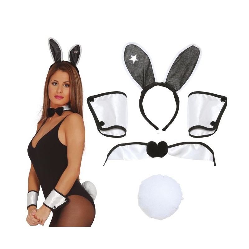 SET LAPINE SEXY BUNNY NOIR ET BLANC OREILLES TOUR DE COU NOEUD PAP ET MANCHETTES