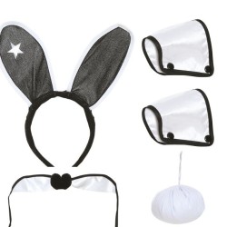 SET LAPINE SEXY BUNNY NOIR ET BLANC OREILLES TOUR DE COU NOEUD PAP ET MANCHETTES