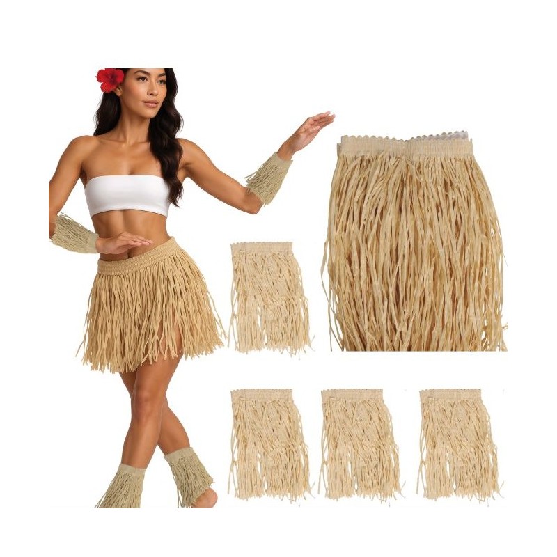 SET DES ILES POLYNESIENNES EN RAPHIA NATUREL JUPE JAMBIERES BRASSARDS