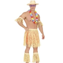 SET DES ILES POLYNESIENNES EN RAPHIA NATUREL JUPE JAMBIERES BRASSARDS