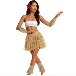 SET DES ILES POLYNESIENNES EN RAPHIA NATUREL JUPE JAMBIERES BRASSARDS