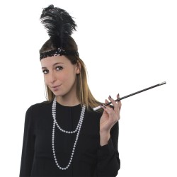 SET CHARLESTON NOIR : SERRE TETE FUME CIGARETTE COLLIER EN PERLE