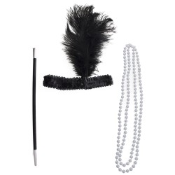 SET CHARLESTON NOIR : SERRE TETE FUME CIGARETTE COLLIER EN PERLE