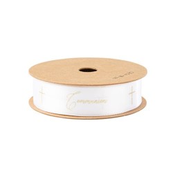 RUBAN CROIX ET COMMUNION SATIN BLANC ET OR 1.9 CM X 10M