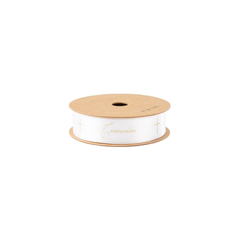 RUBAN CROIX ET COMMUNION SATIN BLANC ET OR 1.9 CM X 10M