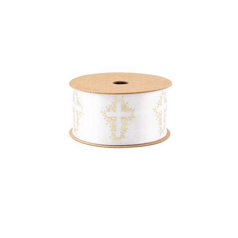 RUBAN CROIX VEGETALISEE SATIN BLANC ET OR 3.8 CM X 10M