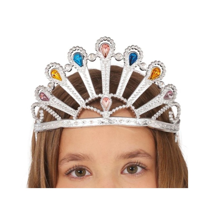 COURONNE DIADEME ARGENT FAUSSES PIERRES COULEURS