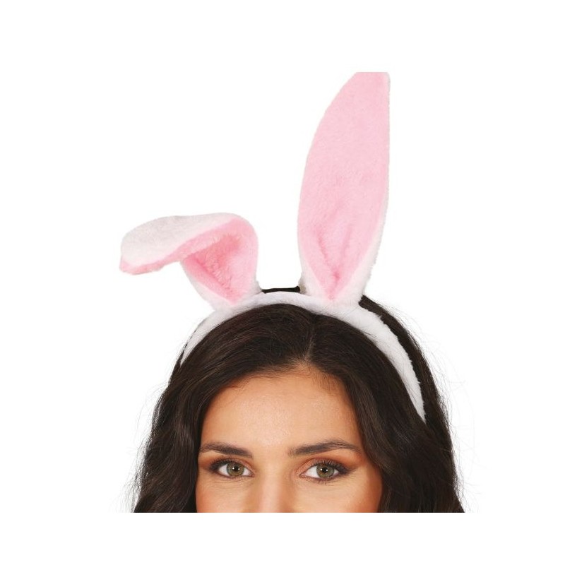 SERRE TETE OREILLES DE LAPIN PELUCHE ROSE ET BLANC
