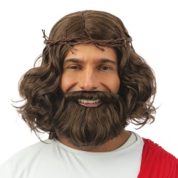 PERRUQUE + BARBE DE PROPHETE BRUNE OU DE JESUS AVEC COURONNE