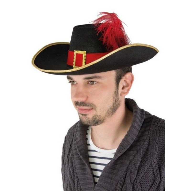CHAPEAU FEUTRE MOUSQUETAIRE NOIR BANDEAU ET PLUME ROUGE