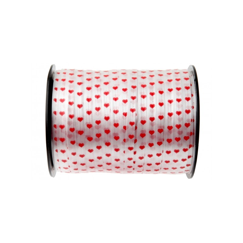 RUBAN BOLCDUC BLANC AVEC COEURS ROUGES IMRPIMES 7.5 MM X 50 M