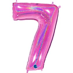 BALLON METALLIQUE CHIFFRE 7 HOLOGRAPHIQUE GLITTER ROSE FUCHSIA 102CM 